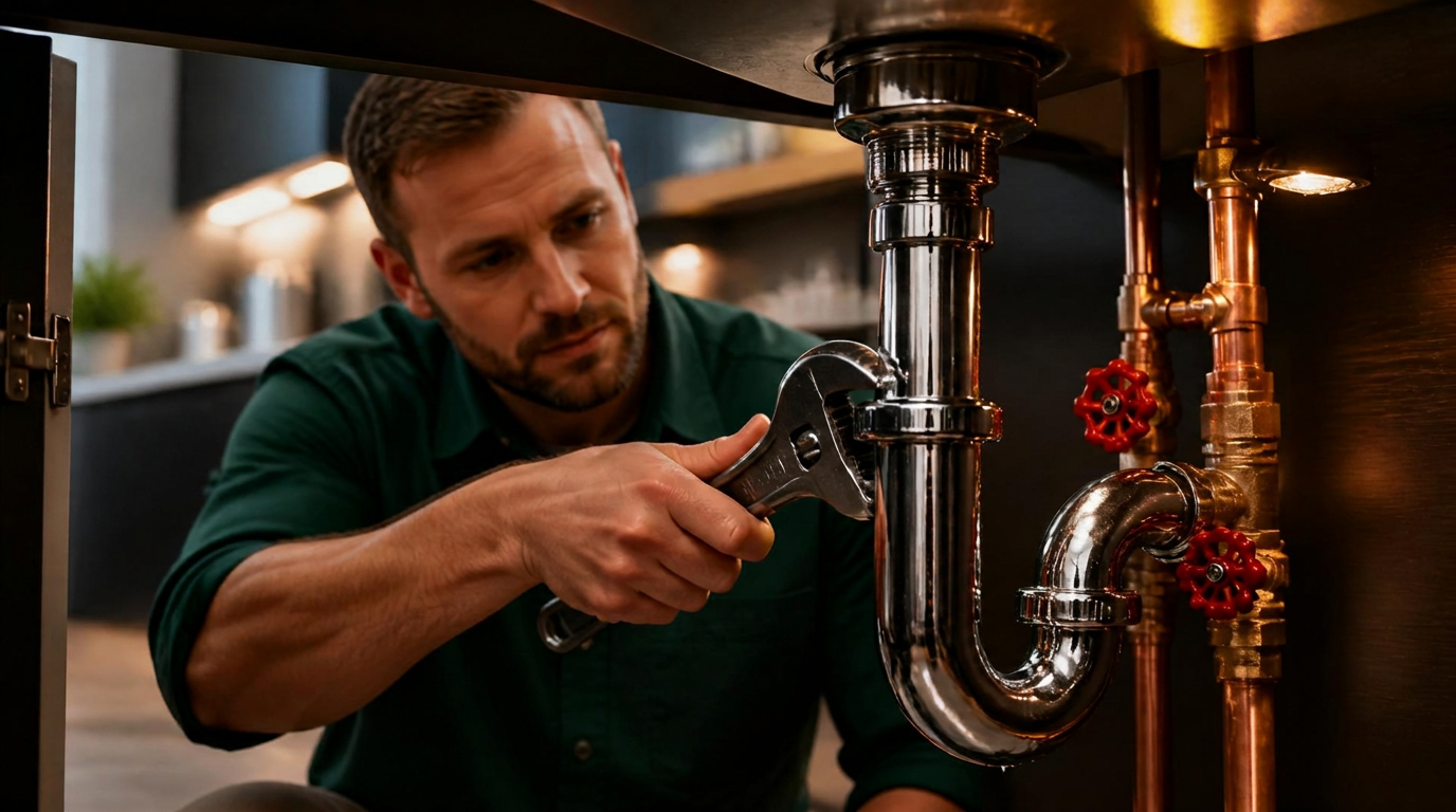Licensed plumber tightening a chrome P-trap under a kitchen sink